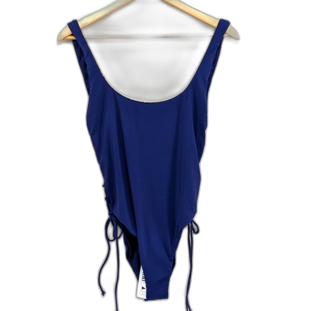 The Bikini Lab Navy Blue Solid Lace Up Scoop Neck One Piece Swimsuit Size L NWT